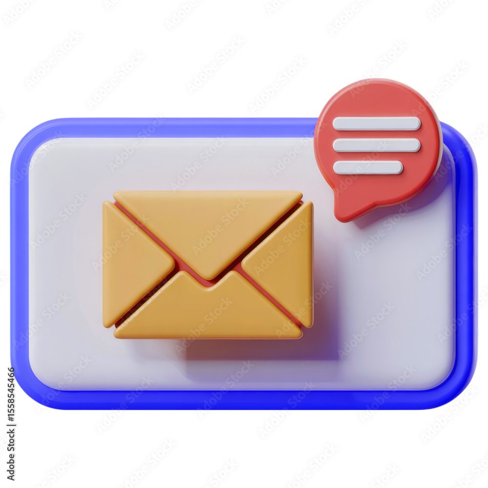 Poster 3d illustration of a yellow envelope with a red speech bubble notification icon isolated on transpar
