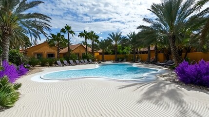 Fototapeta premium Serene tropical pool surrounded by vibrant palm trees and blooming flowers, inviting relaxation