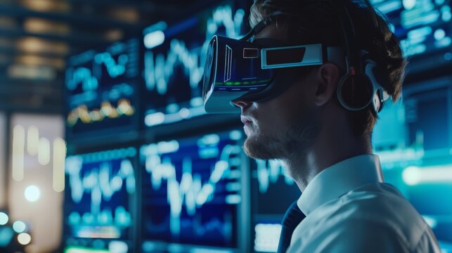 Young entrepreneur analyzing data with virtual reality headset
