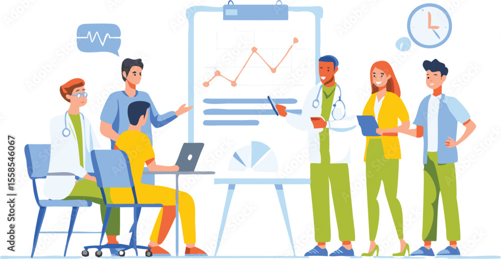 Poster doctors in a meeting discussing data with a chart and laptop in a bright and modern office setting