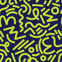 Abstract 80s or 90s hand drawn seamless pattern. memphis style hand drawn illustration. Bright trendy color palette. Circles, squares, lines, spiral. Navy, green lime.