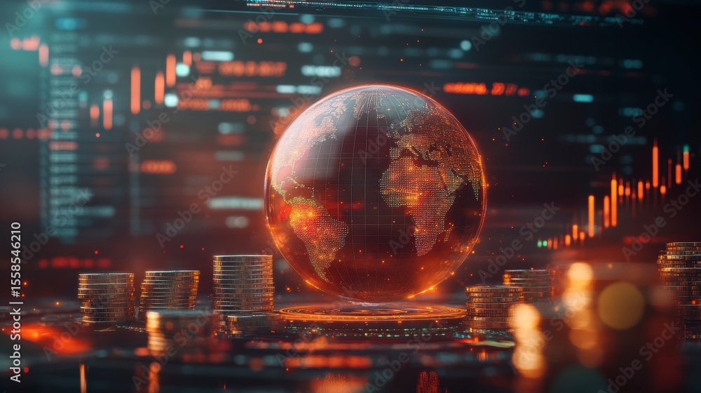 Poster Glowing Earth globe on a digital screen with financial data and stacks of coins.