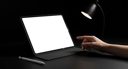 Modern tablet mockup with stylus pen and a hand tapping the screen on dark background