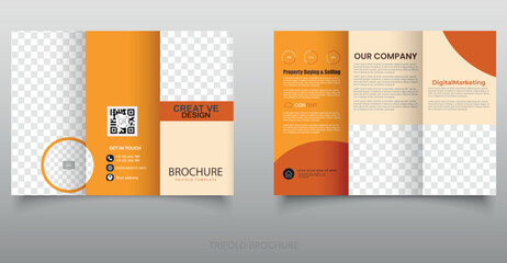Orange trifold brochure, flyer template. Fully editable layout with placeholders for images and text.