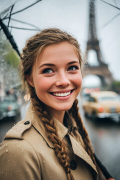 Woman enjoying a rainy day in a European city