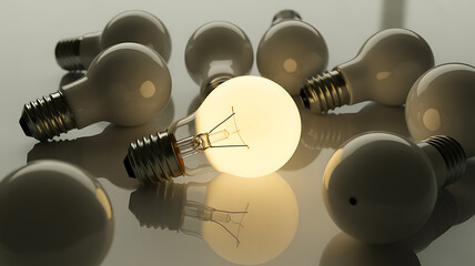 Illumination and Idea: An innovative concept is embodied in the radiant light of an illuminated light bulb. Set amidst a collection of dim bulbs, this image sparks the imagination.