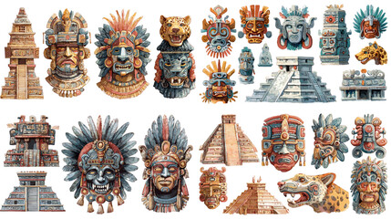 Detailed illustrations of Aztec masks, temples, and warrior motifs in traditional earthy tones, ideal for history, mythology, or indigenous culture-themed projects.

