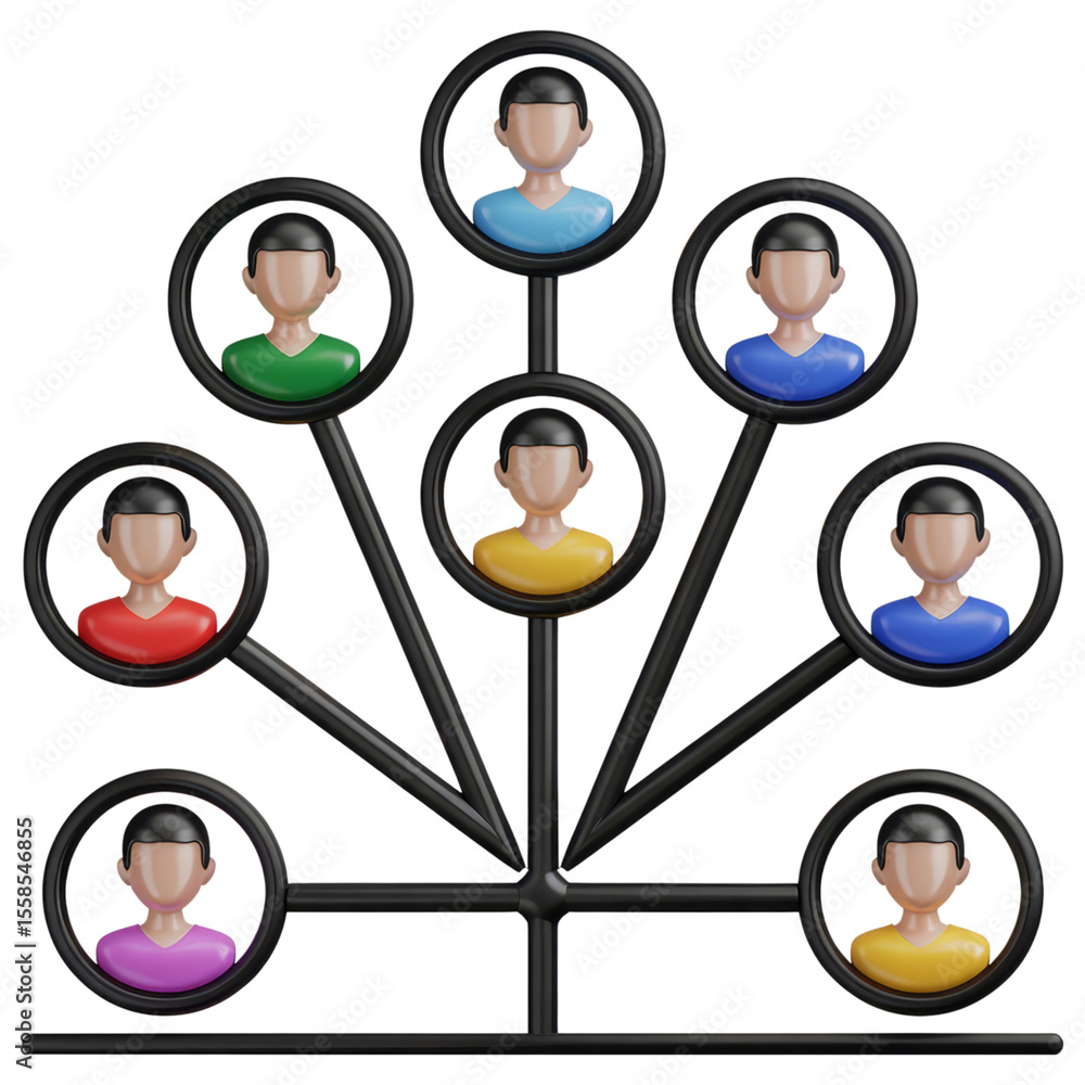 Poster abstract 3d organizational chart with diverse colorful people icons connected in a network structure