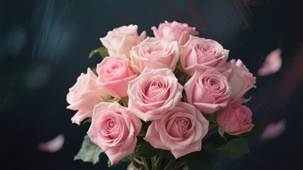 Delicate light - pink roses are in full bloom, with their petals overlapping layer by layer and green leaves dotted among them. Against the dark background, they show their gentle and romantic charm.