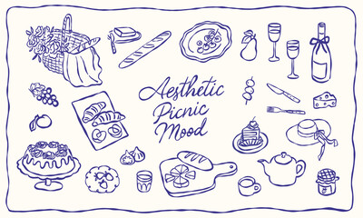 Collection of various aesthetic picnic line art elements. Hand drawn vector illustration. All elements are isolated.
