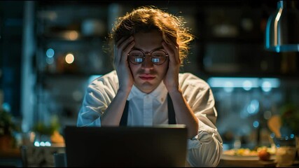 A weary chef puts his head in his hands while staring at a laptop. The dimly lit restaurant background filled with unused utensils sets a somber mood at night