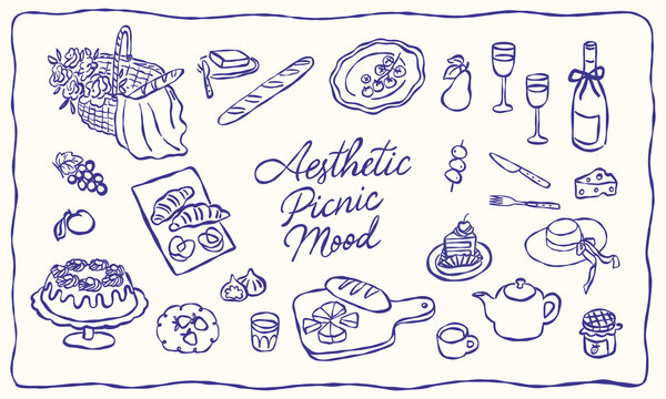 Naklejki Collection of various aesthetic picnic line art elements. Hand drawn vector illustration. All elements are isolated.