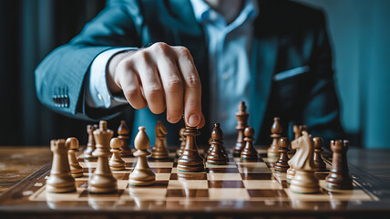 Strategic Move: A focused individual makes a thoughtful decision in a chess game, captured in a detailed shot of intellect, strategy, and calculated thought. 