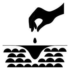 Planting seeds for germination. Hand throws a seed into a hole dug in loose soil. Silhouette. Vector illustration. Cartoon. Isolated white background. Idea for web design.