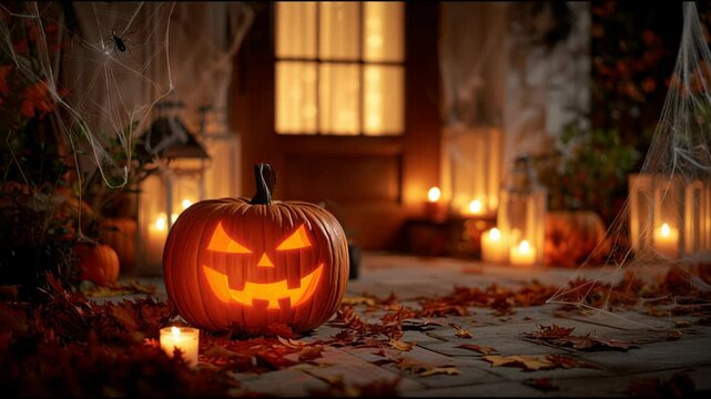 A beautifully decorated outdoor space comes alive on Halloween night with a carved pumpkin glowing brightly among fallen leaves and flickering candles. Spooky decorations add to the ambiance