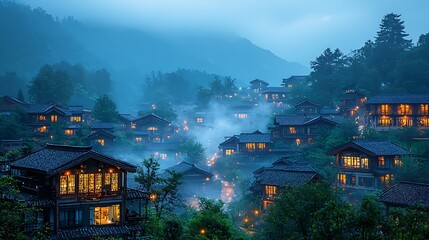 Serene village nestled in misty mountains at dusk, showcasing glowing windows and tranquil atmosphere