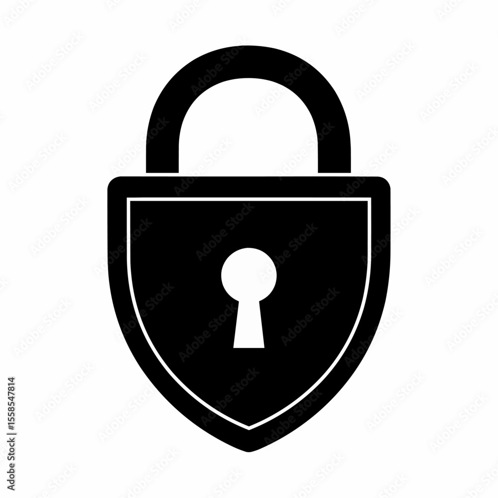Poster this high-quality vector graphic features a minimalist solid black shield-shaped padlock icon with a
