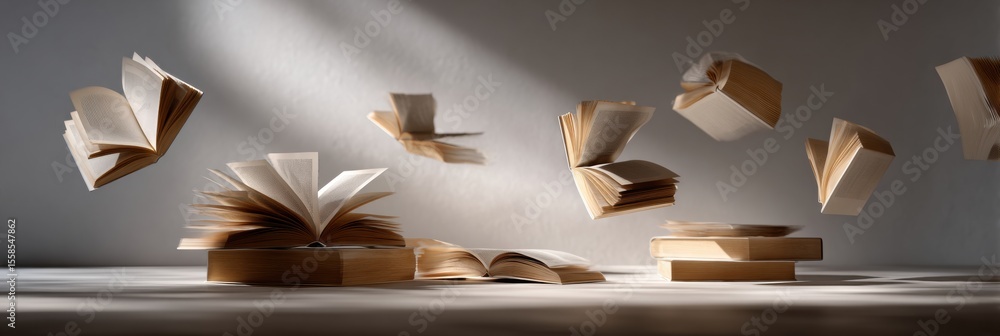 Aufkleber Floating Open Books in a Serene Library Create a Dreamy Atmosphere Filled With Soft Light and Shadows