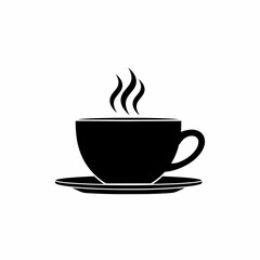 Fototapeta premium This high-quality EPS vector graphic features a minimalist black silhouette steaming coffee cup with a handle and saucer, emphasizing beverages and clean design.