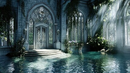 Enchanting Flooded Gothic Chamber: Sunlit, Overgrown, Serene, Architectural Fantasy.