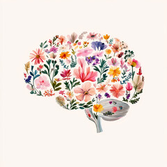 Artistic floral brain illustration with colorful pastel flowers on light background