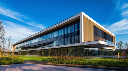 Modern glass and wood office building on a sunny day with landscaped grounds.