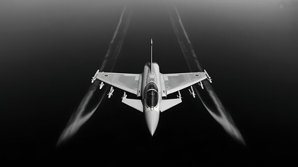  Soaring Guardian: An awe-inspiring black and white capture of a fighter jet streaks across the heavens, leaving trails of condensation in its wake, showcasing raw power and cutting-edge design.