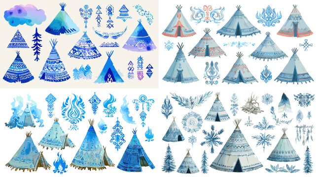 Frozen blue watercolor teepee and winter tribal ornament illustrations, ideal for Arctic, holiday, or frosty themed designs, invitations, and children's storytelling visuals.

