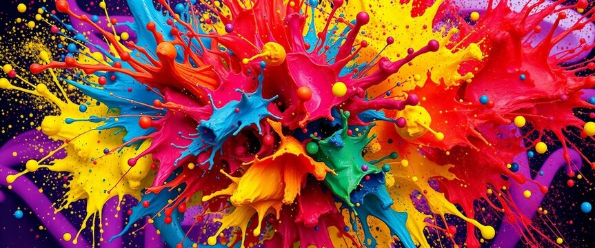 Kreative Explosion aus bunten Farbspritzern auf dunklem Hintergrund, dynamisches abstraktes Kunstwerk voller Energie und Lebendigkeit.