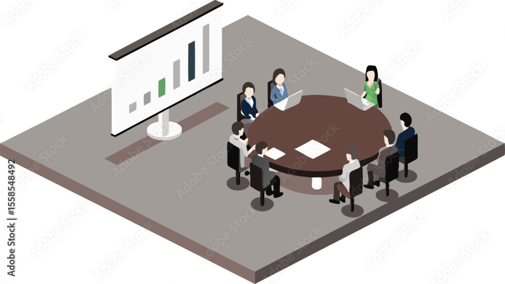 Poster isometric view of a meeting room with people around a table and a presentation screen showing graphs