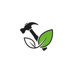 A logo featuring a black hammer intertwined with green and white leaves on a white background design