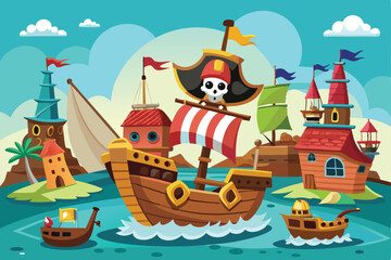Cartoon pirate ship with a pirate sailing the ocean, a nautical travel illustration