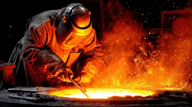 Steelworker Cleaning Molten Metal Flask During Active Pour