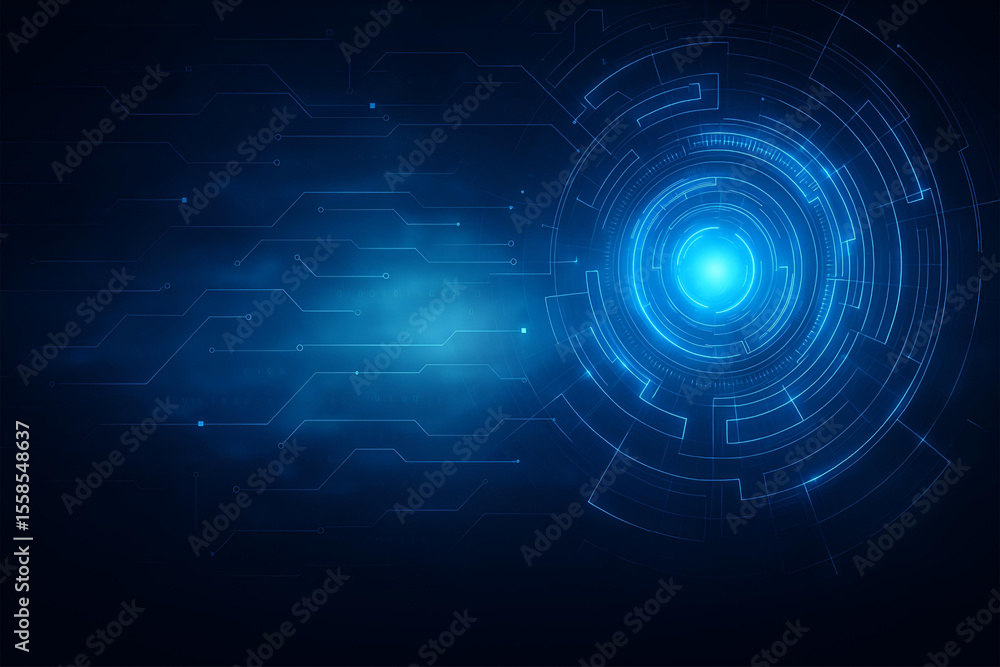 Poster an abstract futuristic network technology background with glowing blue lines and circles for design 