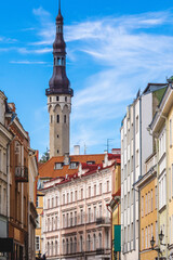 Obraz premium Tallinn’s historic Town Hall spire rises above the colorful pastel buildings of the Old Town, captured under a clear blue sky in Estonia’s capital.