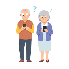 Simple Vector Illustration of an Old Couple Using Phone
