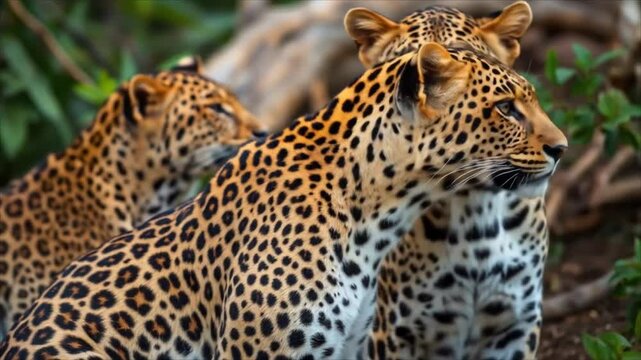 Two leopards resting together in lush green jungle environment  