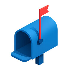 3D Blue Mailbox Icon with Red Raised Flag and Open Door on Transparent Background