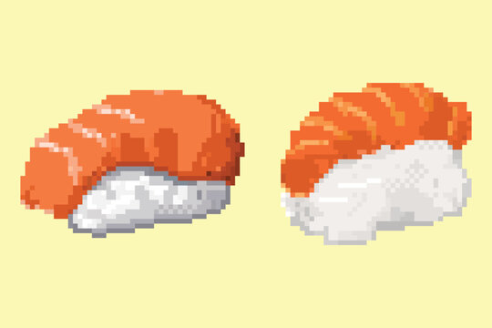 Pixel Art Salmon Nigiri Sushi. A detailed pixel art illustration featuring two pieces of salmon nigiri sushi