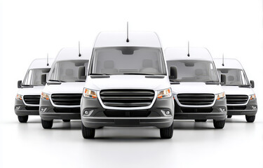 Front view of several modern white delivery vans in a clean arrangement