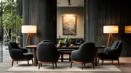 Fototapeta premium Symmetrical Moody Dining Room with Black Table and Mid-Century Floor Lamps