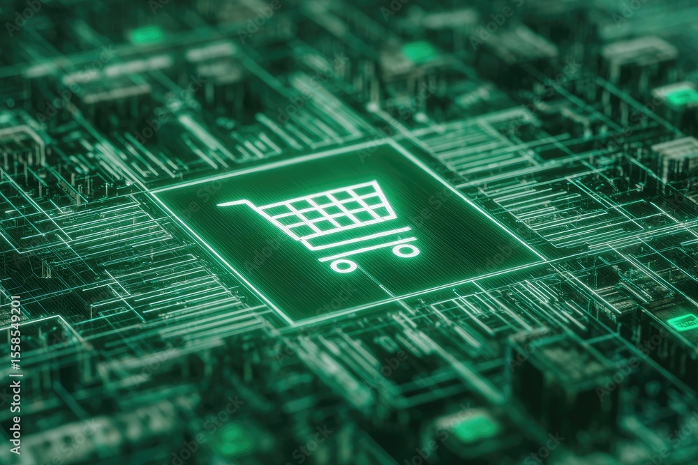 Poster a glowing green shopping cart icon centered on a complex network of teal circuit board traces
