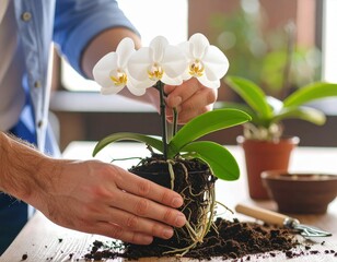 Man Carefully Repotting White Orchid Plant