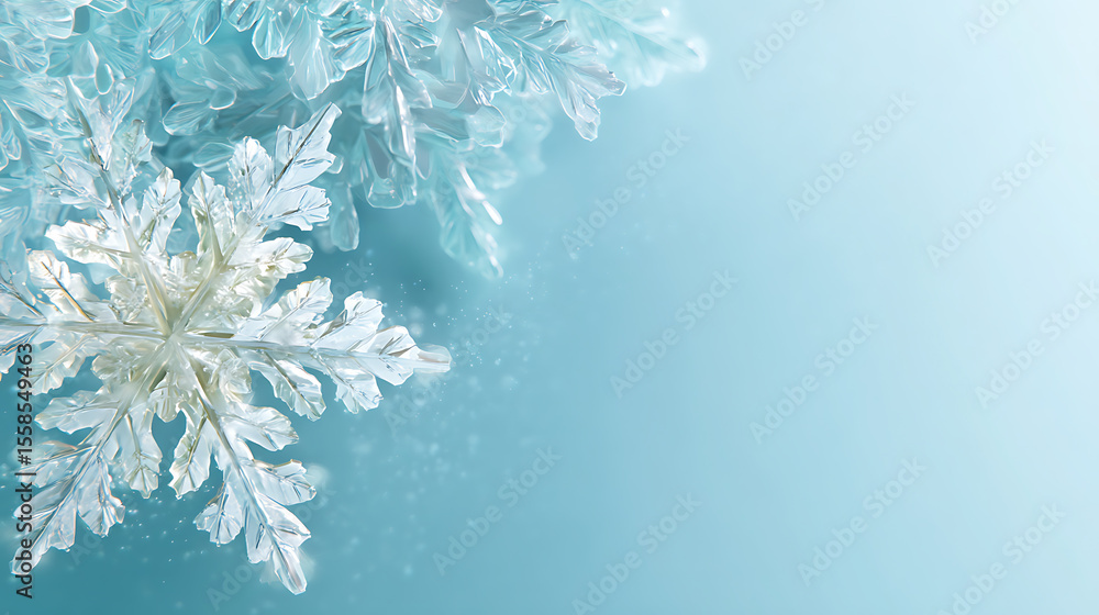 Aufkleber macro image of transparent snowflakes on a light blue background with subtle sparkles.