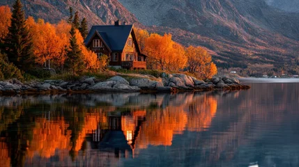 Plexiglas schilderij Lofoten Scenic Lofoten Cottage Reflected in Fjord at Autumn Sunrise  © sch.photosai