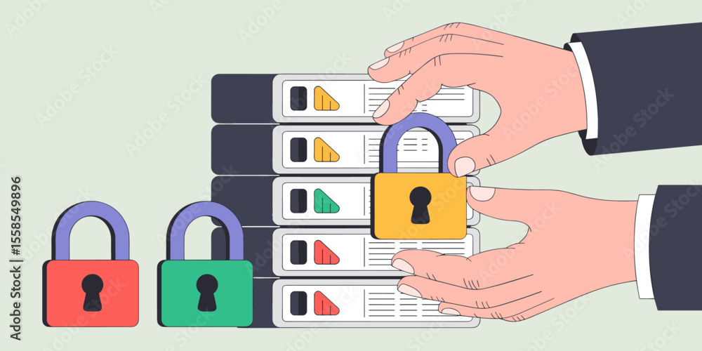 Poster it administrator's hands applying security padlocks to server racks, vector illustration for data cl