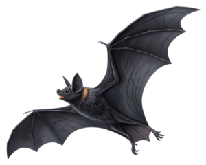 Detailed illustration of a dark gray bat with outstretched wings and fur texture isolated on a transparent background 1