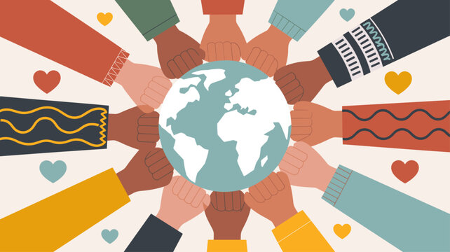 diverse hands making a fist bump circle around the globe, vector illustration for cultural diversity, global unity and international community collaboration