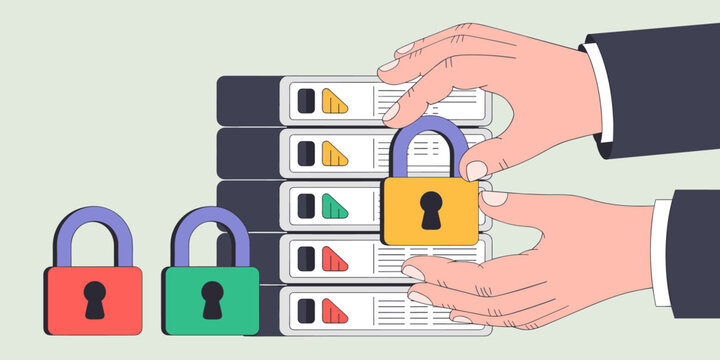it administrator's hands applying security padlocks to server racks, vector illustration for data classification, sensitivity labeling and information protection