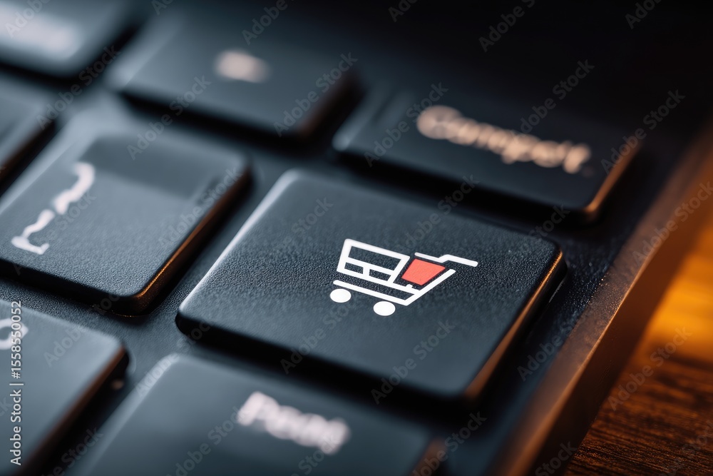 Poster close-up of a computer keyboard key featuring a shopping cart icon